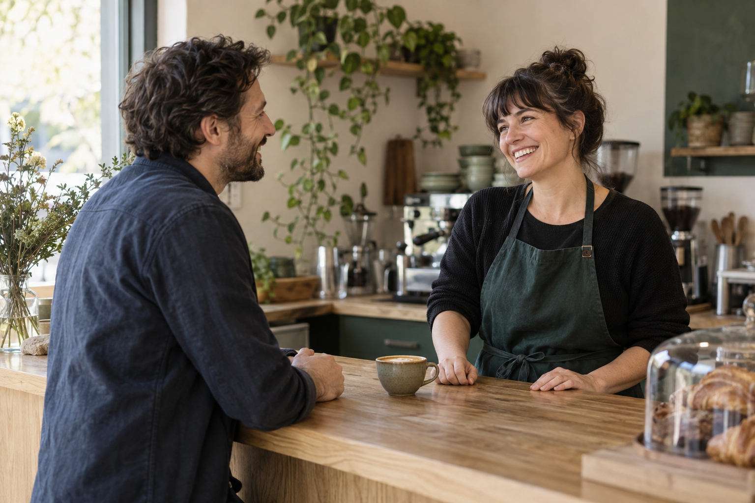 Concept image of a café owner greeting a returning customer
